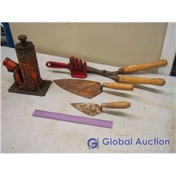 Lot Of Cement Trowels, Bottle Jack, Garden Shears, Chain Breaker