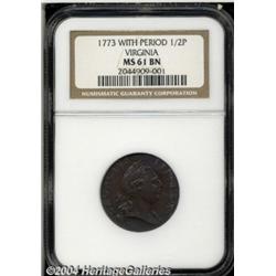 1773[1/2P] Virginia Halfpenny, Period MS61 Brown NGC.