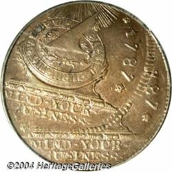 1787[1C] Fugio Cent, STATES UNITED, Cinquefoils--Double Struck, Second Strike 25% Off Center--MS63 B