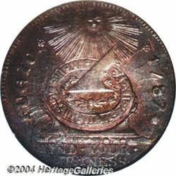 1787 [1C] Fugio Cent, STATES UNITED, Cinquefoils MS65 Red and Brown NGC.