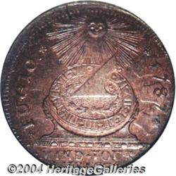 1787 [1C] Fugio Cent, STATES UNITED, Cinquefoils MS65 Red and Brown NGC.