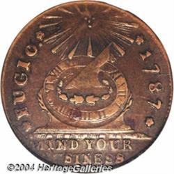 1787[1C] Fugio Cent, Club Rays, Rounded Ends AU55 NGC.