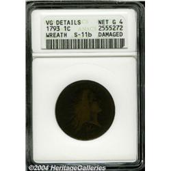 1793[1C] Wreath Cent--Vine and Bars--Damaged--ANACS. VG Details, Net Good 4.