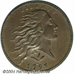 1793 [1C] Wreath Cent--Vine and Bars--MS64 Brown PCGS.