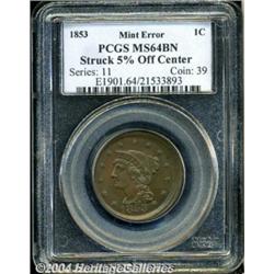 1853[1C]--Struck 5% Off Center--MS64 Brown PCGS.