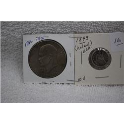 U.S.A. Dollar Coin (1976); U.S.A. Ten Cent Coin (1843) - Holed