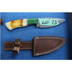 11 cm. Damascus Knife w/3 Colour Bone & Brass Handle and Sheath