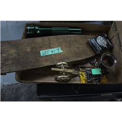 Flat w/a Hide Board; Old Keys; Goblet; Brass Cannon BB's & a Flashlight