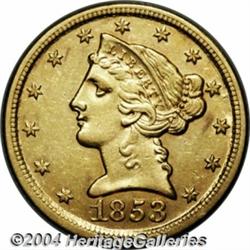 1853-D[$5] Large D AU53 Scratched Uncertified.