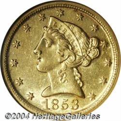 1853-D[$5] Large D AU58 NGC.