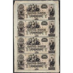 Uncut Sheet of 1800's $20 Canal Bank Obsolete Notes