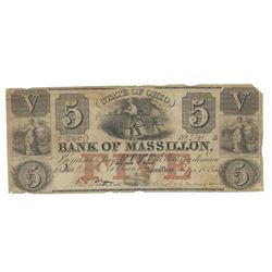 1852 $5 Bank of Massillon, Massillon, OH Obsolete Bank Note