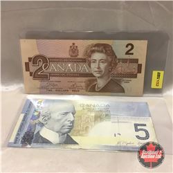 Canada Bills (2): 1986 $2  #ARV5740980 AND 2006 $5 (Radar Note) #APH6652566