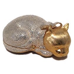 Judith Leiber Gold and Clear Swarovski Crystal Cat Minaudiere