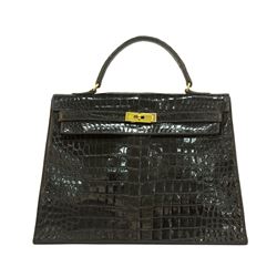 Hermes Kelly 35 Black Crocodile Leather Gold Hardware