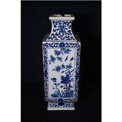 A blue-and-white  landscape, flora and birds  square vase