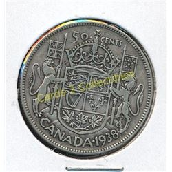 1938 Canadian Silver King George 1/2 Dollar Coin