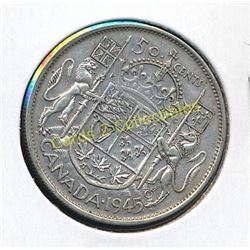 1945 Canadian Silver King George 1/2 Dollar Coin