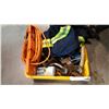 Image 1 : TOTE OF TOOLS, HIGH VIS OVERALLS, TOOLS, AND EXTENTION CORD
