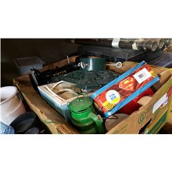 SINGER SEWING MACHINE, TIN LUNCH BOXES, AND TREE STAND
