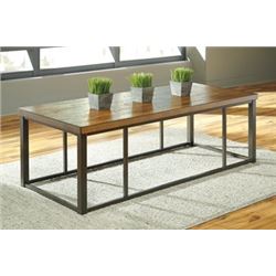 NEW ASHLEY SIGNATURE DESIGN MODERN RECTANGULAR COFFEE TABLE WITH METAL BASE, RETAIL $499 AND MATCHIN