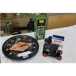 THREE COIN BANKS AND HARLEY DAVIDSON WALL CLOCK