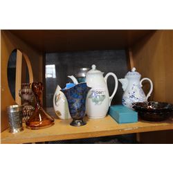 BIRKS SALT AND PEPPERS, GLASS DISHES, VASE, AND TEAPOTS