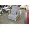 Image 1 : NEW ASHLEY GREY FABRIC SLIPPER CHAIR WITH ADJUSTABLE HEADREST AND THROW PILLOW, RETAIL $399