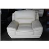Image 1 : NEW CREAM GENUINE LEATHER MODERN ACCENT CHAIR WITH GREY PIPING, RETAIL $899