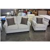Image 1 : NEW ASHLEY TAN FABRIC LOVESEAT AND CHAIR, 3 ACCENT PILLOWS, ROLLED ARM WITH NAILHEAD ACCENT, RETAIL 