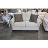 Image 2 : NEW ASHLEY TAN FABRIC LOVESEAT AND CHAIR, 3 ACCENT PILLOWS, ROLLED ARM WITH NAILHEAD ACCENT, RETAIL 