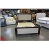 Image 1 : NEW ASHLEY MILLENIUM QUEENSIZE SOLID WOOD AND TAN FABRIC WITH NAILHEAD ACCENT BEDFRAME, RETAIL $1950