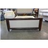 Image 2 : NEW ASHLEY MILLENIUM QUEENSIZE SOLID WOOD AND TAN FABRIC WITH NAILHEAD ACCENT BEDFRAME, RETAIL $1950