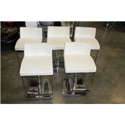 FIVE OF MOBITAL ASTRO HYDRAULIC BARSTOOL WHITE LEATHER AND CHROME, AS IS