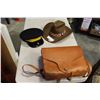 Image 1 : SECURITY HAT, COWBOY HAT, AND LEATHER SATCHEL