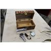 Image 1 : CARVED WOOD BOX AND TWO WATCHES AND POCKET WATCH