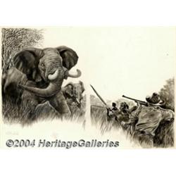 L. B. Cole - Elephant Hunting Illustration Original Art (undated).
