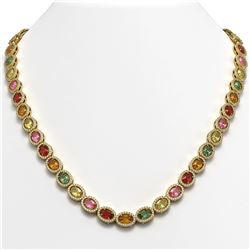 31.96 CTW Multi Color Sapphire & Diamond Halo Necklace 10K Yellow Gold - REF-674Y4K - 40450