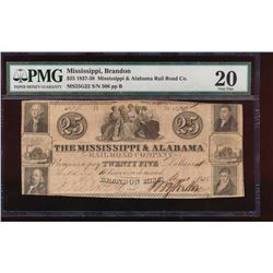 1837 $25 Mississippi and Alabama Obsolete Note PMG 20