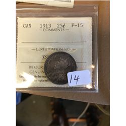 1913 CANADA 25 CENTS!ICCS GRADED F-15