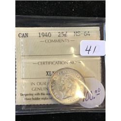1940 CANADA 25 CENTS! ICCS GRADED MS-64