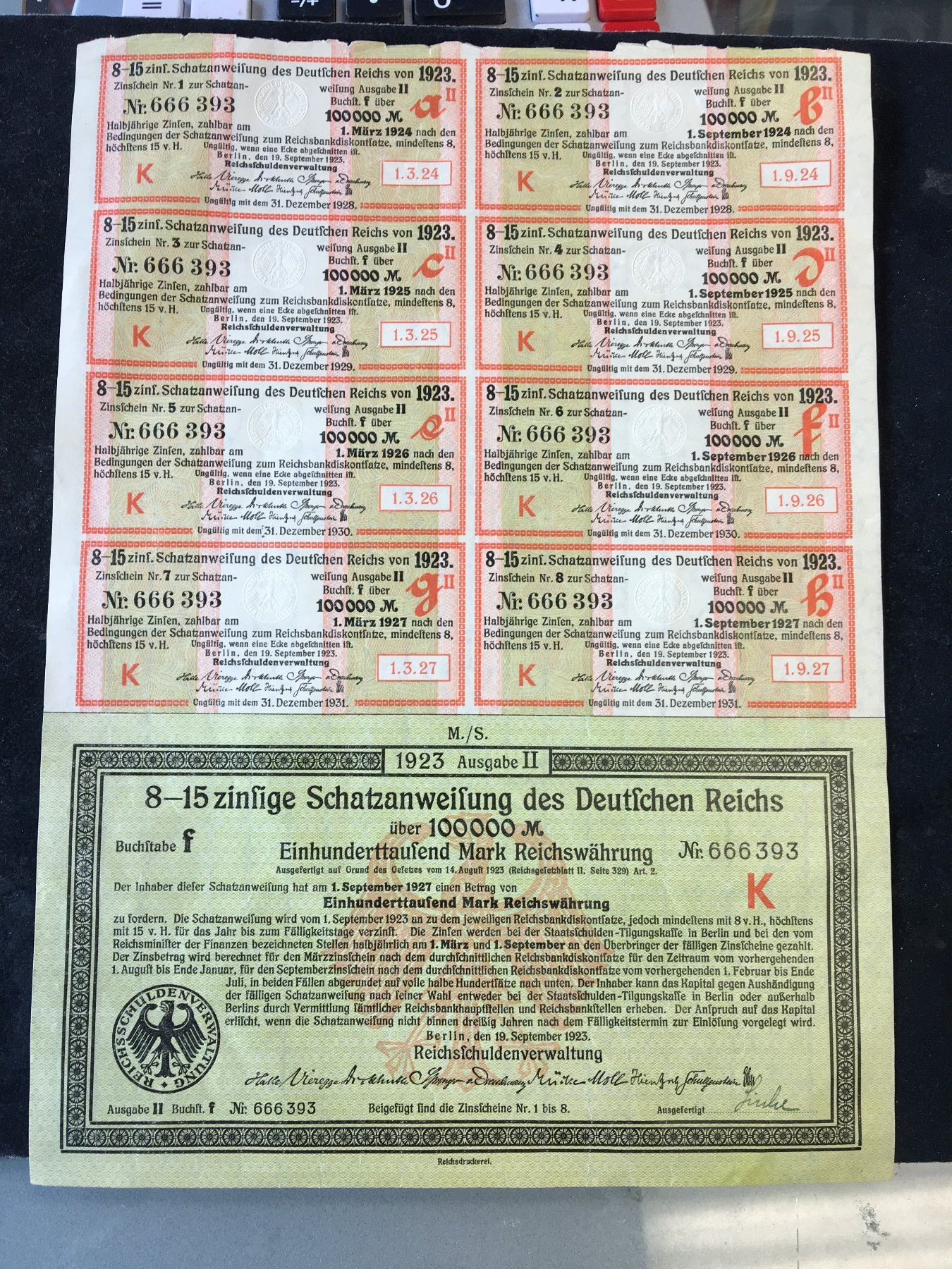1923 GERMANY 100 000 MARK TREASURY BOND WITH COUPONS 1923-germany-100-000-mark-treasury-bond-with-coupons