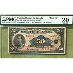 1935 BANQUE DU CANADA $50 NOTE! RARE!! PMG GRADED VF-20