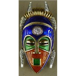 African Mask Enamel and Diamond Brooch