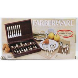 FARBERWARE 44PC GOLD PLATED FLATWARE SET W/WOODEN
