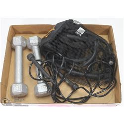 EXERCISE LOT INCLUDING TWO WEIGHTS, JUMP ROPE,