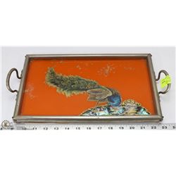VINTAGE PEACOCK REVERSE PAINTED SERVING TRAY