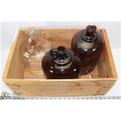 VINTAGE BC PEAR WOODEN BOX  & 3 OLD JUGS,
