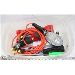 TOTE W/ ASSORTED TOOLS (FLASH LIGHT, EXTENSION