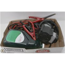 FLAT OF CAR CARE ITEMS - JUMPER CABLES, AIR PUMP &